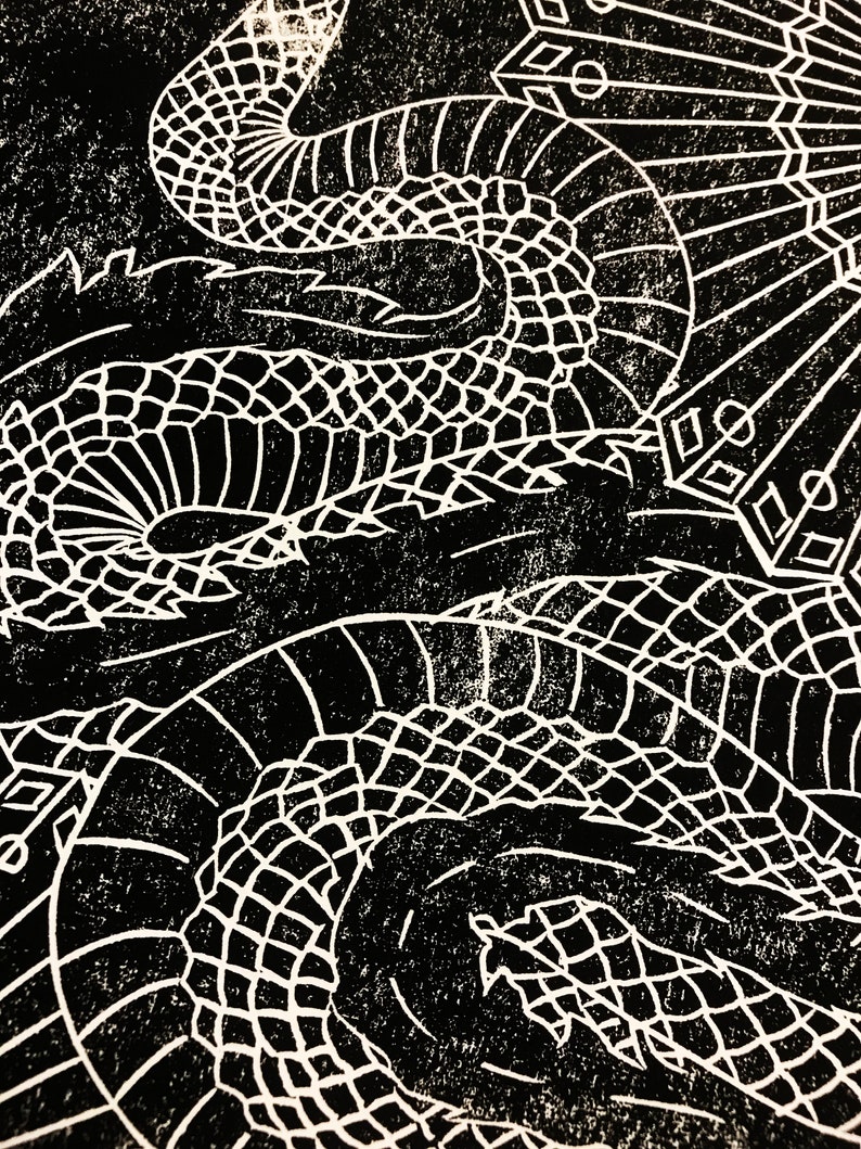 Linocut A3 Poster Linogravure Monochrome Print Tattoo Dragon Fan