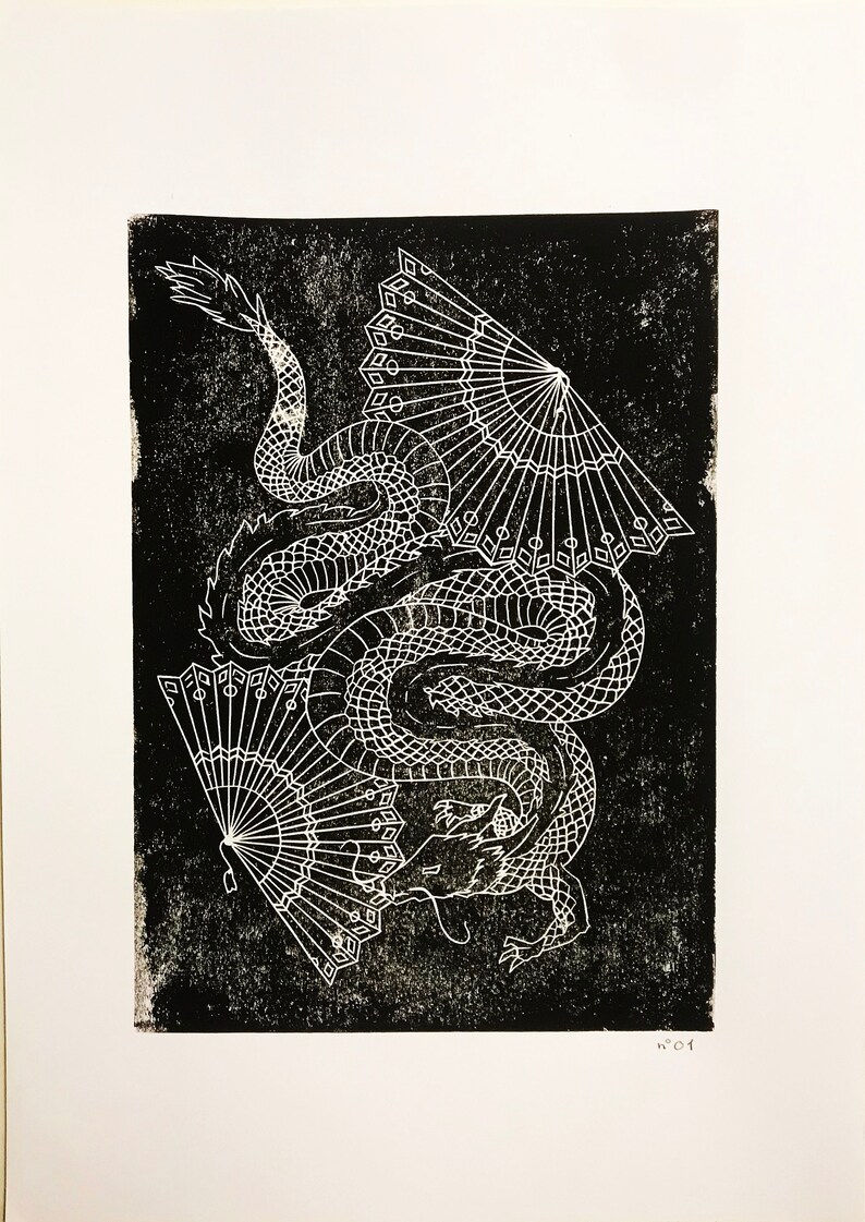 Linocut A3 Poster Linogravure Monochrome Print Tattoo Dragon Fan