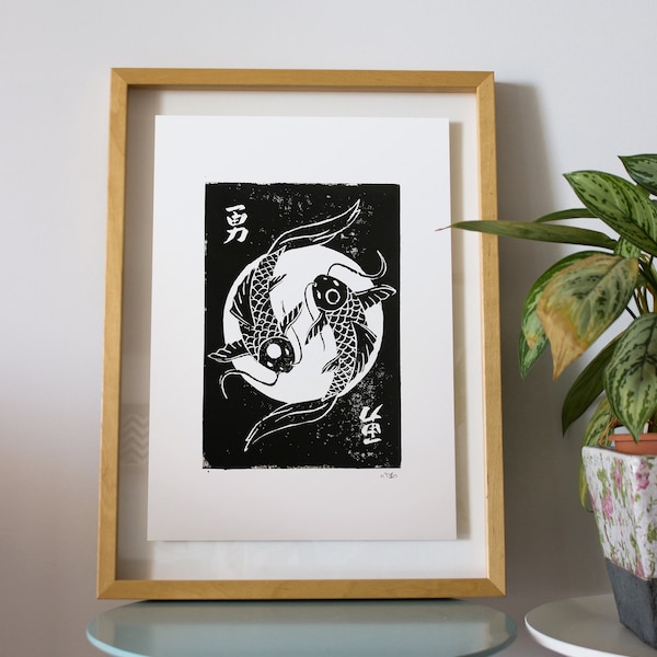 Affiche Japonaise Carpe Koï - Estampe Linogravure Print A4 - Linocut Tatouage Monochrome Noir