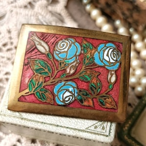 Beautiful 1920s Antique French Cloisonne Enamel Roses Rectangular Metal Brooch, Floral Art Deco Blue Flowers Red Enamel Brooch, Gift for Her