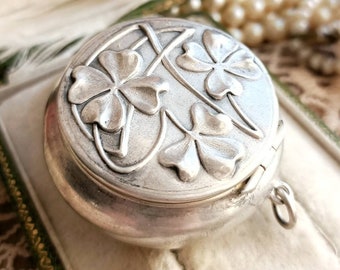 Beautiful French Art Nouveau Silver 1900s Antique Repoussed Four-leaf Clover Locket, Antique French Pill or Powder Box Pendant, Gift for Her