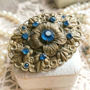 Beautiful Big Antique c1920s CzechoSlovakian Floral Ornate Blue Rhinestones Brooch, Czech Art Nouveau Brooch, Vintage Wedding, Gift for Her