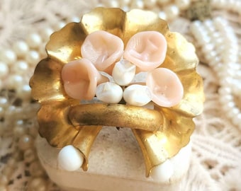 Beautiful French Vintage c1930s Floral Gold Tone Metal & Pink Glass Beads Brooch, Ornate Miriam Heskell Style Bouquet Brooch, Gift for Her
