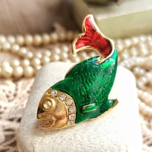 Beautiful French Vintage Green and Red Enamel Rhinestones Gold Tone Metal Fish Brooch, Big Colorful Animal Vintage Brooch, Gift for Her