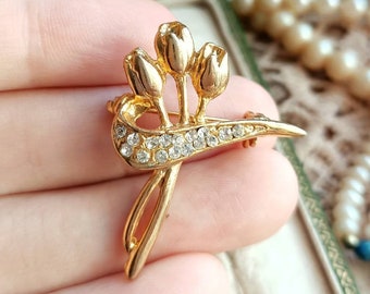Beautiful French Vintage c1960s Rhinestones and Gold Tone Metal Tulip Bouquet Brooch, Floral Vintage Gold Pin, Vintage Wedding, Gift for Her