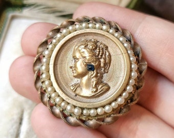 Beautiful French Antique c1900s Seed Pearl & Sapphire Paste Stone Metal Cameo Brooch, Victorian Portrait Pin, Vintage Wedding, Gift for Her