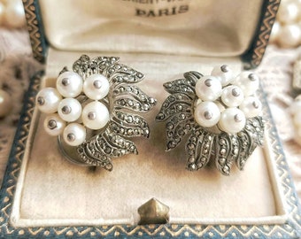 Beautiful RARE French Antique c1910s Silver with Natural Pearls & Marcasites Ornate Floral Clip On Earrings, Vintage Wedding, Gift for Her