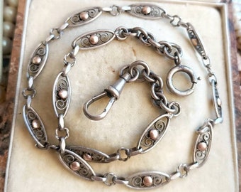 RARE Beautiful Antique French Silver & Rose Gold Pocket Watch Chain, 1900s Silver Albert Chain, Antique Mens Accessory, Gift for Her or Him