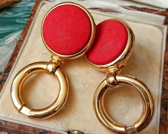 Beautiful Big Red Leather Vintage c1980s Signed DAVID GRAU Gold Tone Metal Clip On Vintage Designer Earrings, Vintage Wedding, Gift for Her