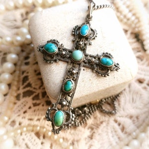 RARE Beautiful XIX-Century French Antique Silver & Turquoise Cross on Silver Chain, Ornate Victorian Silver Big Cross Necklace, Gift for Her