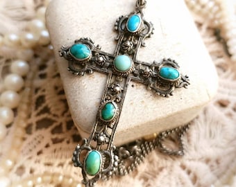 RARE Beautiful XIX-Century French Antique Silver & Turquoise Cross on Silver Chain, Ornate Victorian Silver Big Cross Necklace, Gift for Her