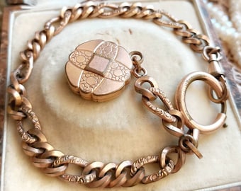 Big Antique French Rose Gold Filled Pocket Watch Chain with Round Fob, XIX-Century Antique Ornate Albert Chain, Mens Accessory Gift for Him