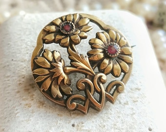 Beautiful French Antique 1900s 18k Gold Filled FIX Floral Victorian Ruby Paste Brooch, Art Nouveau Flower Shape Brooch, Gift for Her or Him