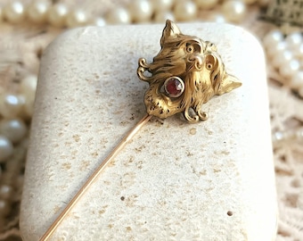 RARE Beautiful French Antique c1900 18k Gold Filled FIX Ruby Paste Cat's Head Shape Hat Pin, Antique Gold Victorian Animal Pin, Gift for Her