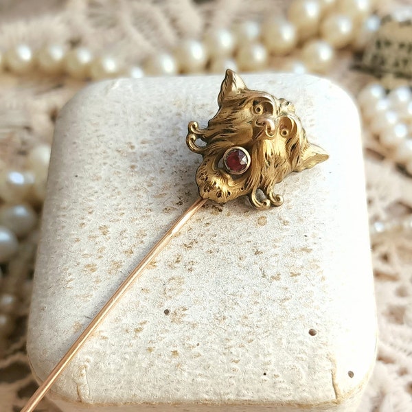 RARE Beautiful French Antique c1900 18k Gold Filled FIX Ruby Paste Cat's Head Shape Hat Pin, Antique Gold Victorian Animal Pin, Gift for Her