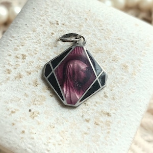 RARE Beautiful Silver French Antique Virgin Mary Geometric Art Deco Religious Medal, Purple Enamel Silver Pendant, Catholic Gift for Her