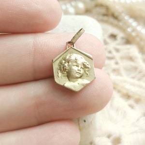Beautiful French Antique 18k Gold Filled FIX Baby or Cherub Medal, c1920s French Art Deco Guardian Angel Pendant, Baptism Gift, Gift for Her