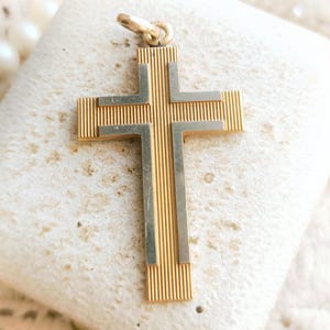 Big French Vintage Yellow Gold Filled Shiny Cross Pendant, French Religious Satin & Shiny Stripes Cross, Christian Gift for Her or Him