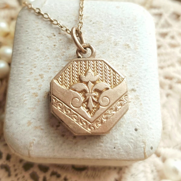 Beau médaillon octogonal antique français du XIXe siècle rempli d'or rose, pendentif porte-photo victorien, mariage vintage, cadeau pour elle ou lui