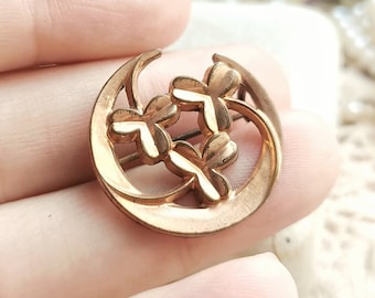 Schöne antike französische c1900s dreiblättrige Kleeblatt Rose Gold Filled viktorianische Brosche, Vintage Hochzeit, Halbmond Pin, Geschenk für Sie oder Ihn