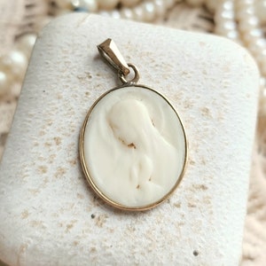 Beautiful RARE 18k Gold French Antique Virgin Mary Catholic Medal, c1910s Solid Gold & Carved Bone Oval Religious Pendant, Gift for Her