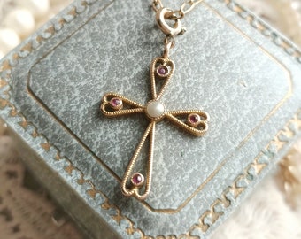 Beautiful Dainty 18k Rose Gold French Antique Seed Pearl & Ruby Cross Pendant, Antique French Gold Openwork Cross, Christian Gift for Her