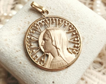 Beautiful BIG French Antique c1920s Gold Plated Virgin Mary Round Catholic Medal, Art Deco Religious Ornate Frame Gold Pendant, Gift for Her
