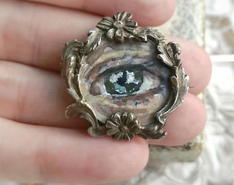 RESERVED* Unique French Antique XIX-Century Photo Holder Brooch & Contemporary Eye Miniature Painting, Ornate Victorian Pin, Gift for Her
