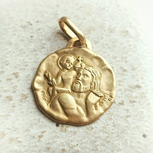 Belle grande médaille religieuse ronde antique Français remplie d'or, pendentif Saint-Christophe Art déco Français des années 1920, cadeau catholique pour lui