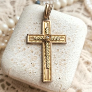 Beautiful BIG French Antique Rose Gold Filled Cross Pendant, XIX-Century French Gold Victorian Pearl Ornate Cross, Gift for Her or Him