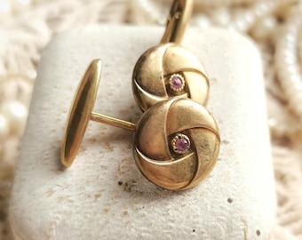 Beautiful French Antique c1900s 18k Rose Gold Filled & Ruby Stones Round Lever-End Cufflinks, Vintage Wedding Accessory, Gift for Him or Her