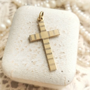 Beautiful French Vintage Yellow Gold Filled Shiny Cross Pendant, French Religious Satin & Shiny Stripes Cross, Christian Gift for Her or Him