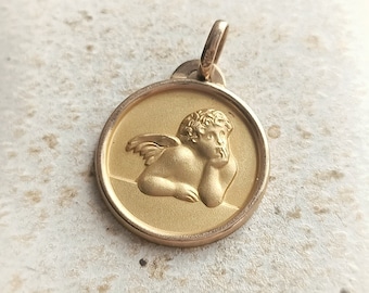 Beautiful French Antique c1920s Gold Filled Raphael's Cherub Medal, Religious French Gold Guardian Angel Pendant, Baptism Gift, Gift for Her