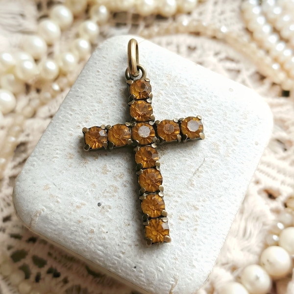 Beautiful Antique French XIX-Century Honey Paste Cross Pendant, Amber Tone French Christian Cross, Vintage Wedding, Gift for Her or Him