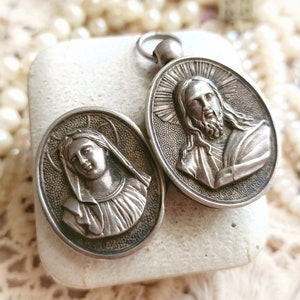 RARE XIX-Century French Antique Silver & Glass Window Jesus and Virgin Mary Locket, Catholic Antique Reliquary Pendant, Gift for Her or Him