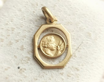 Beautiful French Antique Art Deco Gold Filled Cherub with a Dove Medal, Religious French Guardian Angel Pendant, Baptism Gift, Gift for Her