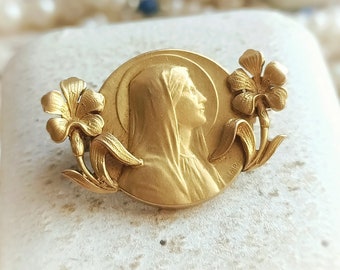 Beautiful French Antique 18k Gold Filled FIX Art Nouveau Signed Tairac Brooch, Ornate Antique French c1900s Virgin Mary Pin, Gift for Her
