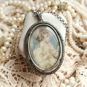 Beautiful BIG French Antique XIX-Century Miniature Painting in Glass Window Oval Silver & Marcasite Frame Pendant on Silver Antique Chain