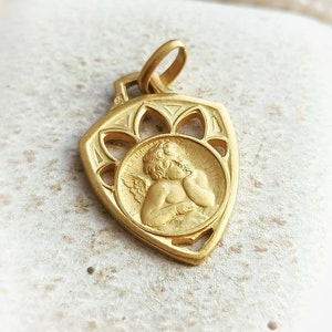 Beautiful French Antique c1920s Gold Filled Raphael&#39;s Cherub Medal, Religious French Gold Guardian Angel Pendant, Baptism Gift, Gift for Her