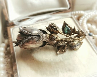 RARE Extraordinary French Antique c1900s Diamonds & Silver Vermeil Realistic Flower Brooch, Victorian Diamond Brooch, Gift for Her or Him