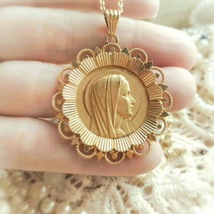 Beautiful BIG 18k Gold French Antique Art Deco Virgin Mary Round Religious Medal, Signed GRUN Medal Ornate Frame Solid Gold Catholic Pendant