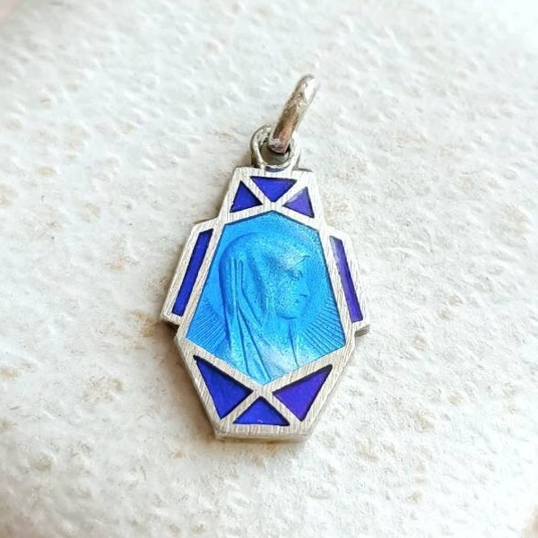 Beautiful Silver French Antique Enamelled Virgin Mary Geometric Art Deco Religious Medal, Blue Enamel Silver Pendant, Catholic Gift for Her