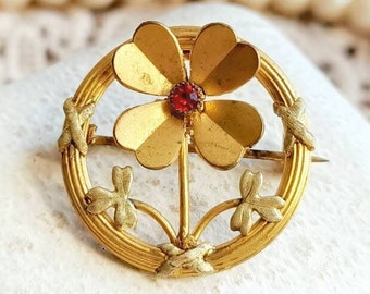 Beautiful French Antique c1900s Gold Filled Red Paste Four Leaf Clover Edwardian Brooch, Satin Finish Gold Victorian Pin, Gift for Her & Him