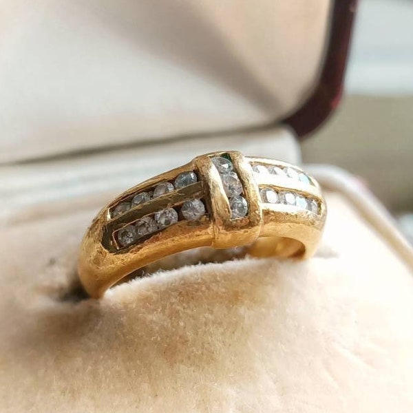 Beautiful French Vintage Yellow Gold Filled & Two Row Channel Setting Clear Stones Wide Ring, Vintage Wedding, Gift for Her