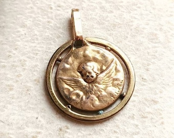 Bellissimo ciondolo francese antico in oro 18k con cherubino, medaglia religiosa francese in oro FIX con angelo, regalo per battesimo con angelo custode, regalo per lei
