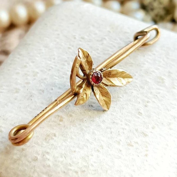 Beautiful French Antique c1900s Gold Filled Ruby Paste Art Nouveau Leaf Brooch, Antique Gold Tie Pin, Vintage Wedding, Gift for Her or Him