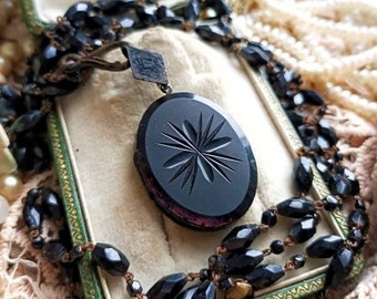 RARE Antique French XIX-Century Black French Jet Glass Locket Pendant & Long Guard/Muff Beaded Chain, Victorian Black Necklace, Gift for Her