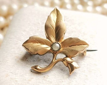 Precioso broche antiguo francés de estilo Art Nouveau de principios del siglo XX con hojas de oro, broche de perlas de semillas con acabado satinado y baño de oro de 18 quilates, ideal para bodas o como regalo para ella.
