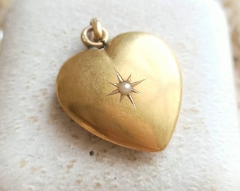 Beautiful French Antique XIX-Century Celestial 18k Yellow Gold & Seed Pearl Heart Pendant, Victorian Solid Gold Heart, Romantic Gift for Her