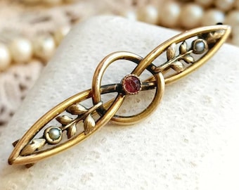 Beautiful French Antique c1900s Gold Filled Ruby Paste and Seed Pearl Infinity Edwardian Brooch, Antique Gold Tie Pin, Gift for Her or Him